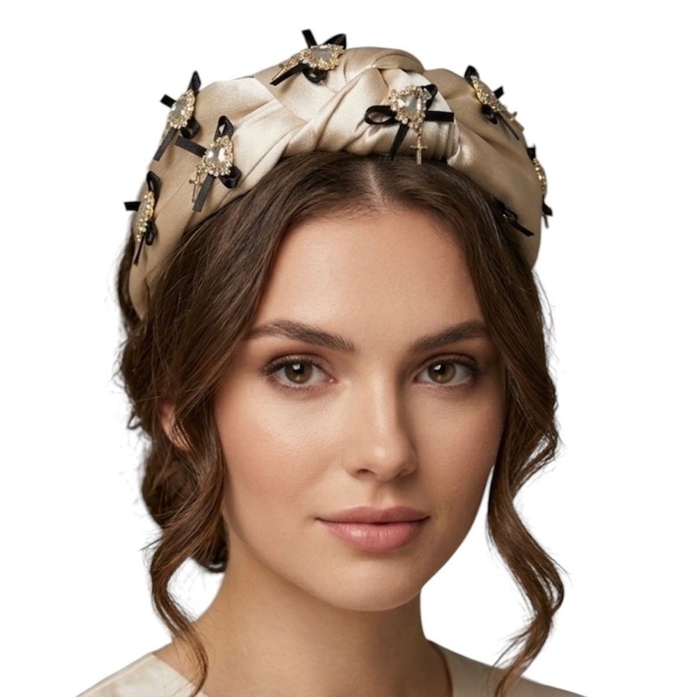 Women's Champagne Headband w/Black Bow, Rhinestone Heart w/ Cross Dangle NWOT